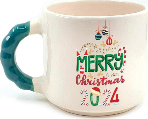 Merry Christmas 2024 Baskılı Yeşil Kulplu Boncuk Yılbaşı Kupası