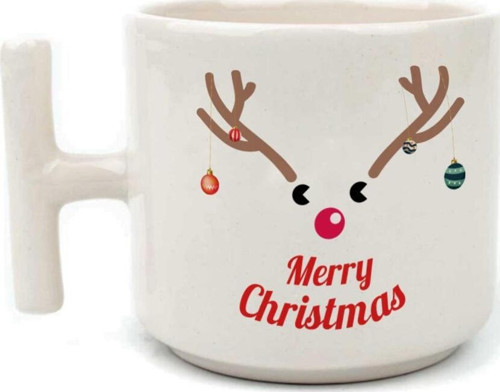 Merry Christmas Geyik Baskılı Beyaz Kulplu T Yılbaşı Kupası