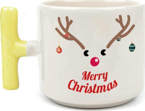 Merry Christmas Geyik Baskılı Sarı Kulplu T Yılbaşı Kupası