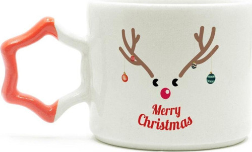Merry Christmas Geyik Baskılı Turuncu Kulplu Yıldız Yılbaşı Kupası