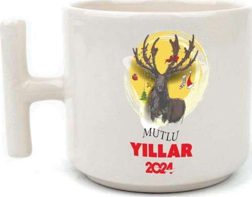 Mutlu Yıllar 2024 Geyik Baskılı Yılbaşı Hediyesi Beyaz Kulplu T Kupa