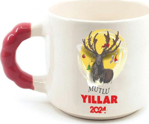 Mutlu Yıllar 2024 Geyik Baskılı Yılbaşı Hediyesi Kırmızı Kulplu Boncuk Kupa
