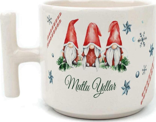Mutlu Yıllar 3 Noel Baba Baskılı Beyaz Kulplu T Yılbaşı Kupası
