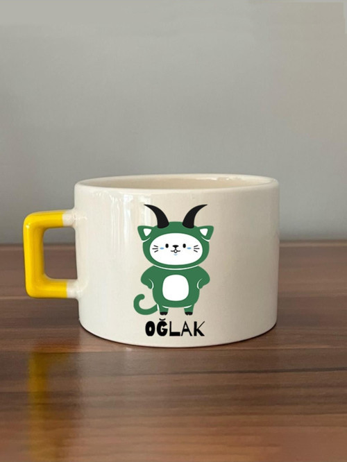 Oğlak Burcu Ve Onla Alakalı Komik Açıklama Simgesi Baskılı Sarı Kulplu Yeşil Kedili C Fincan