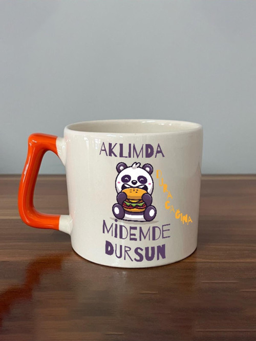 Aklımda Duracağına Midemde Dursun Baskılı Turuncu Kulplu D Kupa
