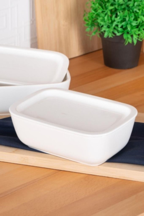 Acar Bianco Perla Porselen Kapaklı Fırın Kabı Dikdörtgen Beyaz 19 cm