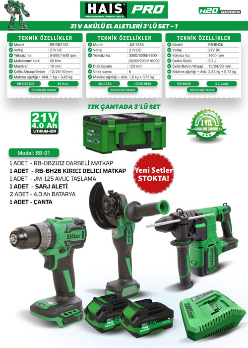 Pro Akülü Set - 3'lü Profesyonel Akülü Set + 2X4 Ah Çift Akü - RB-01