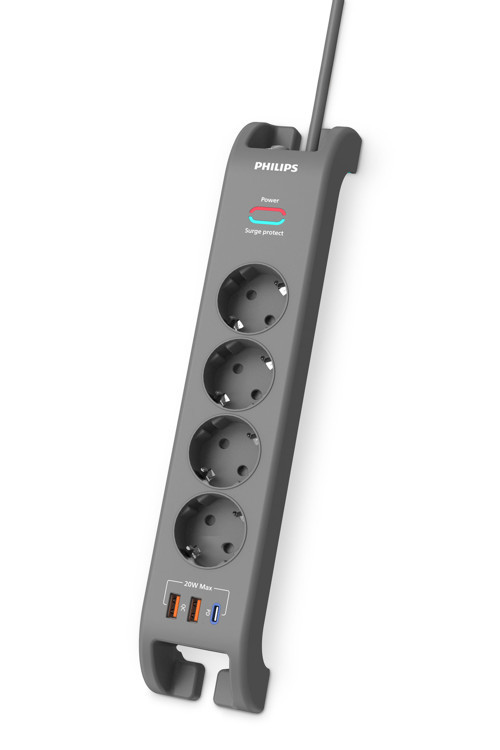 SPN4140GA Akım Korumalı Priz 4'lü + 2x Usb-A 18W + 1x Usb-C 20W - 2m Kablo - Siyah