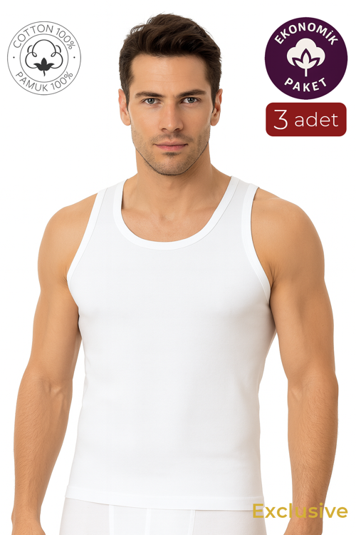 3'lü Paket Pamuklu Ribana Kalın Askılı Erkek Atlet | Beyaz K0113