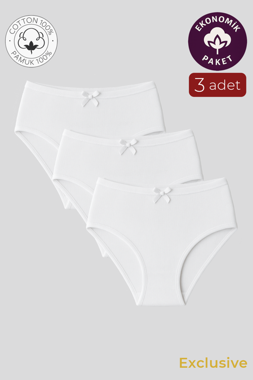 Kadın Yüksek Bel Pamuklu Ribana Slip Külot 3'lü Paket – Esnek & Rahat | Beyaz K0305