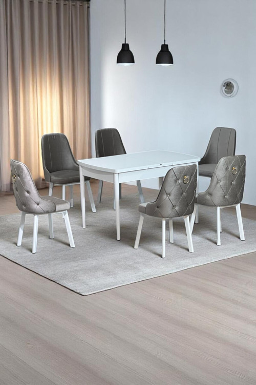 Sonata Beyaz 80 X 132 Açılabilen Mdf Masa Metal Ayaklı Mutfak Masası Takımı 6 Cappucino Sandalye