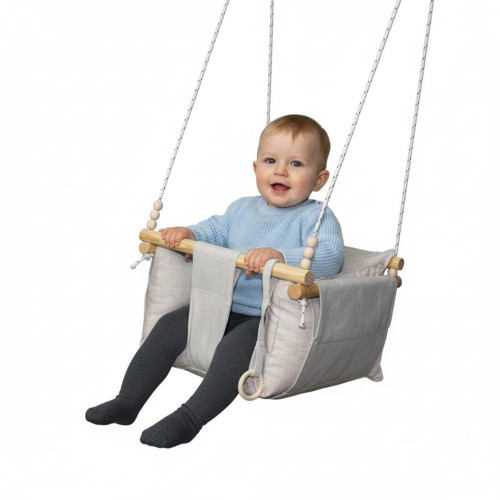 Ahşap Çocuk & Bebek Salıncağı Krem Rengi Minder Yastık ve Diş Halkalı Tavan Salıncak
