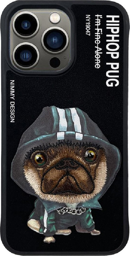iPhone 14 Pro Max HipHop Serisi PUG Nakış işlemeli Zincir Detaylı Kılıf Siyah