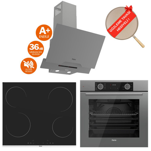 FryArt Silver Vitroseramik Elektrikli Gri Ankastre Set ( D065-SA Sessiz + MS261 + XE63CPR)