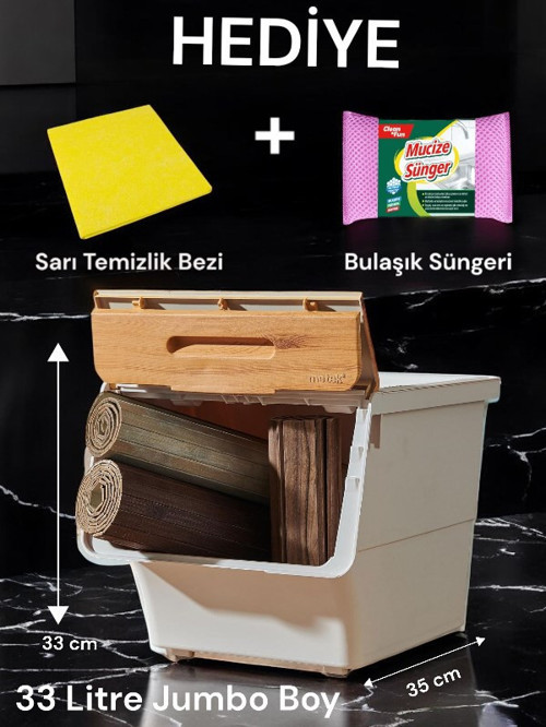 Motek TCH-MT04B 33 Litre Jumbo Boy Bambu Desen Tekerlekli Tekli Organizer + Temizlik Seti
