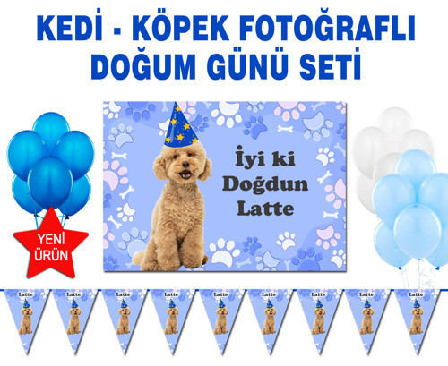 Köpek Doğum Günü Kutlama Seti, Afiş, Flama, Balon, Evcil Hayvanınızın Fotosu Ile Hazırlanıyor
