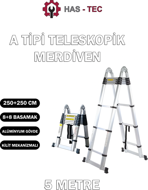 8+8 Basamaklı Çift Taraflı A Tipi Uzayan Teleskopik Merdiven 5 m