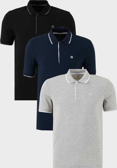 Pamuklu Slim Fit Şerit Detaylı Düğmeli Polo Yaka 3'lü Paket Erkek T Shirt 5902118S3 Siyah-Gri Melanj-Lacivert