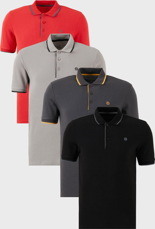 Pamuklu Slim Fit Şerit Detaylı Düğmeli Polo Yaka 4'lü Paket Erkek T Shirt 5902118S4 Siyah-Kırmızı-Antrasit-Taş