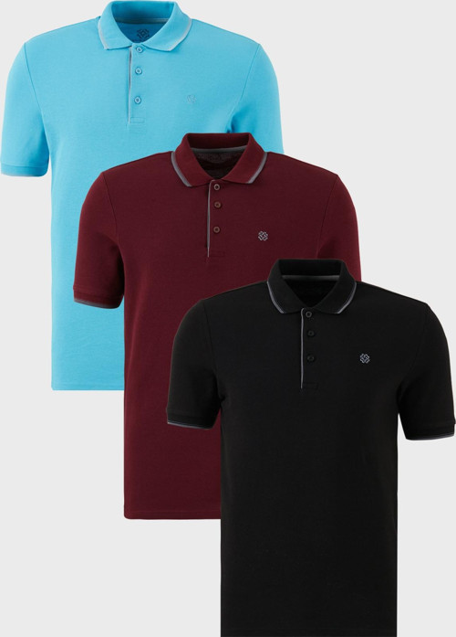Pamuklu Slim Fit Şerit Detaylı Düğmeli Polo Yaka 3'lü Paket Erkek T Shirt 5902118S3 Siyah-Vişne-Aqua Mavi