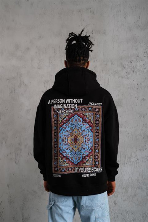 Kilim Desenli Kapüşonlu Siyah Sweat - Sweatshirt