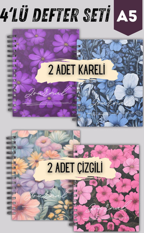 Spiralli Çizgili Ve Kareli| Okul Defter Seti | 4 Adet | A5 | Sert Karton Kapak | 45 Yaprak