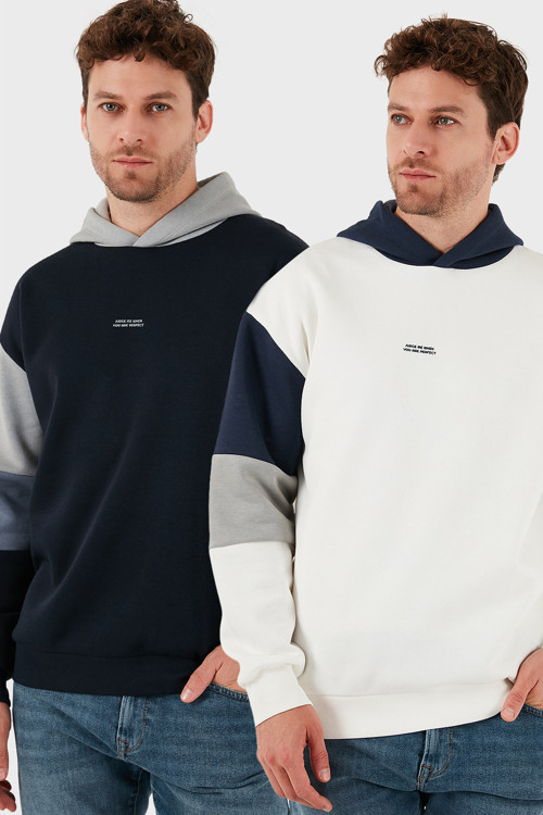 Pamuklu Relaxed Fit Kapüşonlu İçi Tüylü Yumuşak Şardonlu 2' li Paket Erkek Sweat 5905299S2 Ekru-Koyu Lacivert
