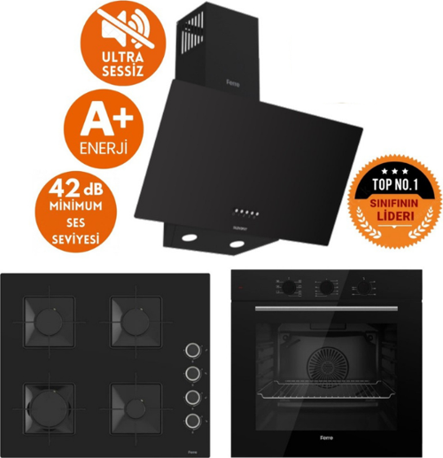 Flowart Sessiz Yeni Seri Siyah Ankastre Set ( D086-SA + QBL62CS + SS205)