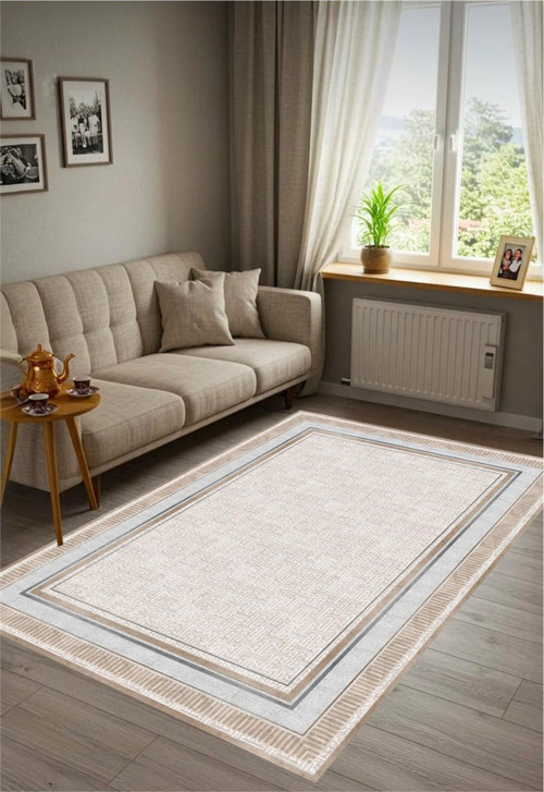 Krem Dijital Baskı Halı Kaymaz Tabanlı Yıkanabilir Halı Yolluk Salon Halısı3