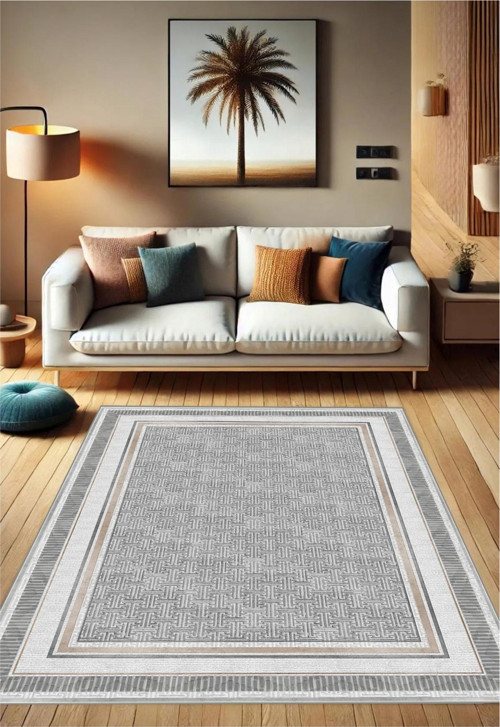 Gri Dijital Baskı Halı Kaymaz Tabanlı Yıkanabilir Halı Yolluk Salon Halısı1