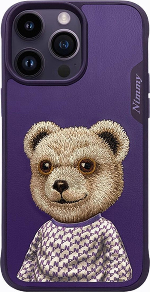 iPhone 14 Pro Bear Serisi Nakış işlemeli Detaylı Kılıf Mor