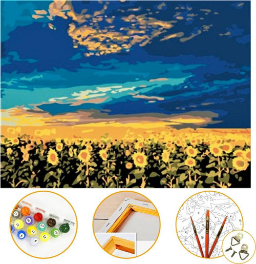 Ayçiçek Tarlası - Sayılarla Boyama Seti Kasnağa Gerili 40x50cm Boyalar ve Fırçalar Dahil