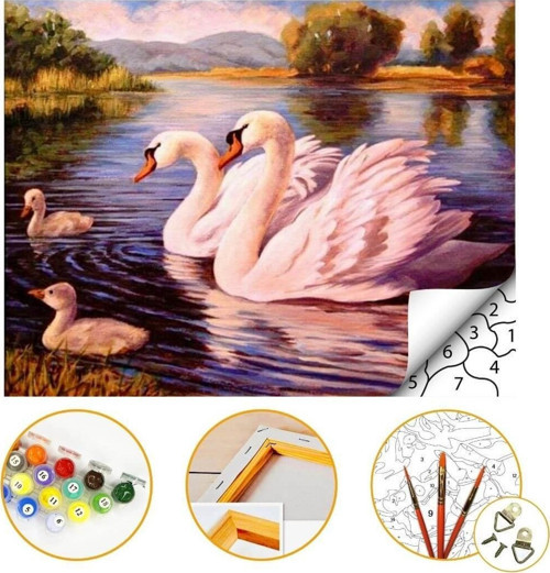 Kuğular - Sayılarla Boyama Seti Kasnaklı 40x50cm Boyalar ve Fırçalar Dahil