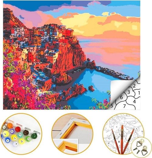Sahil Kasabası - Sayılarla Boyama Hobi Seti - Büyük Ölçü 60x75cm Çerçeveli Boyalar ve Fırçalar Dahil