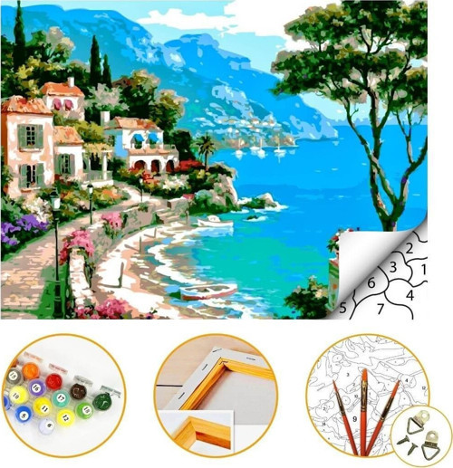 Sahil Kasabası - Sayılarla Boyama Seti Kasnaklı 40x50cm Boyalar ve Fırçalar Dahil