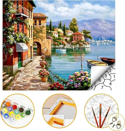 Sahil Kasabası - Sayılarla Boyama Seti Kasnaklı 40x50cm Boyalar ve Fırçalar Dahil