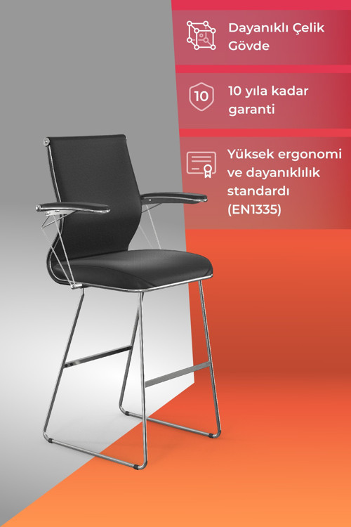 Ergolife Sit 10 Sandalye | Krom Ayaklı, Deri Kaplama, Siyah, Bar Sandalyesi -178.22.1.778