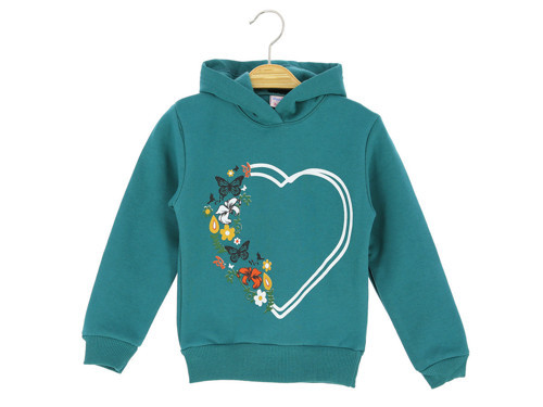 KELEBEK KALP BASKILI KAPÜŞONLU ÜÇ İPLİK SWEATSHIRT - Petrol Yeşili - 2 Yaş - STP19453-Petrol Yeşili-2 Yaş Petrol Yeşili