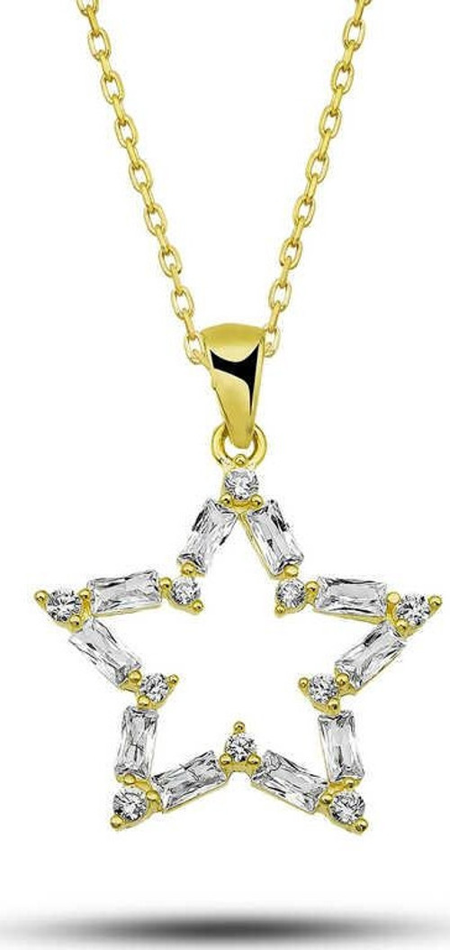 925 Ayar Gümüş Gold Baget Taşlı Yıldız Kadın Kolye