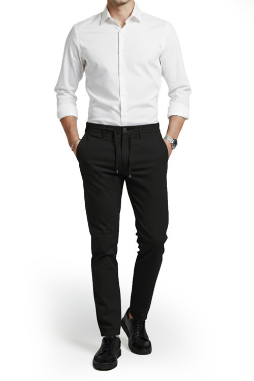 Erkek Siyah Likralı Gofre Kumaş Beli Lastikli İpli Slim Fit Günlük Pantolon 2600650