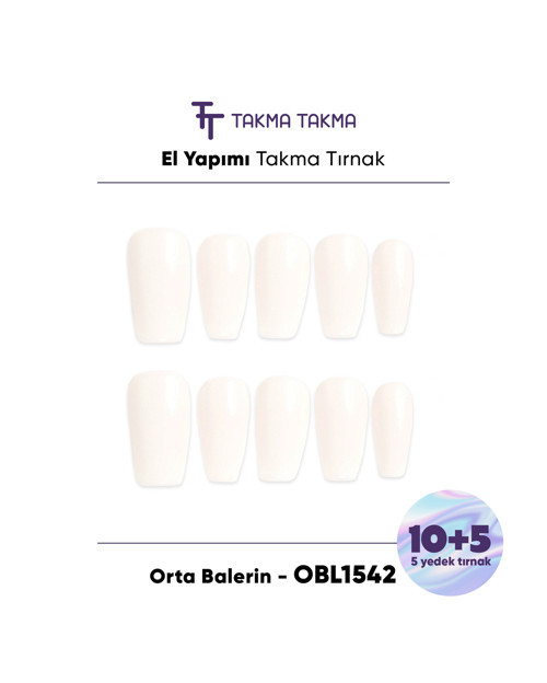 15'li Krem Rengi Orta Balerin OBL1542 Tekrar Kullanılabilir El Yapımı Protez Takma Tırnak Krem Rengi-Krem-XS
