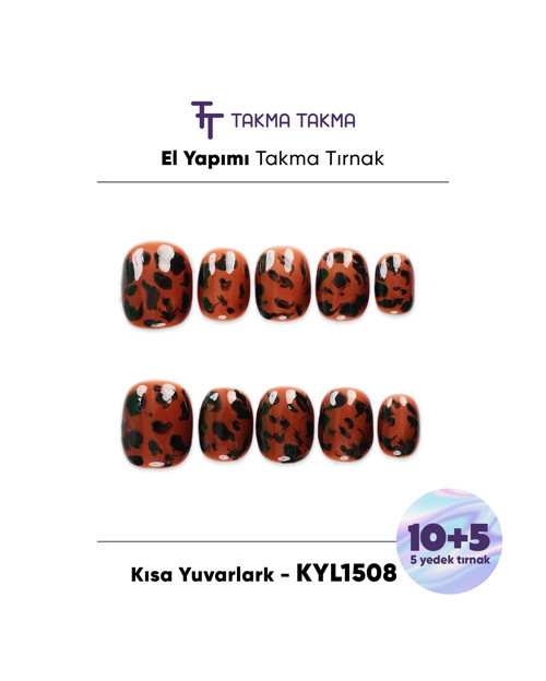15'li Kahverengi Kısa Yuvarlak KYL1508 Tekrar Kullanılabilir El Yapımı Protez Takma Tırnak Kahverengi-XS