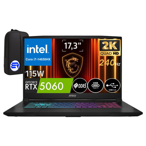 Msi Katana 17 Hx B14WFK-252XTR Intel Core I7-14650HX 32GB 1tb SSD RTX5060 115W 17.3" WIN11 Pro 240Hz Qhd + Elektropasaj