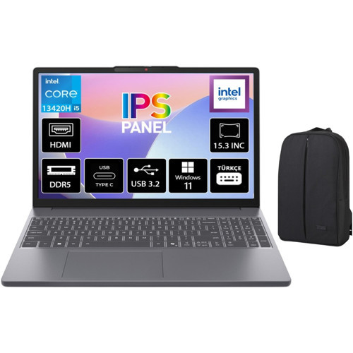 Ideapad Slim 3 Intel Core I5 13420H 8gb 1tb SSD Freedos 15.3" Wuxga IPS Taşınabilir Bilgisayar 83K1004ETR + Cimete Çanta