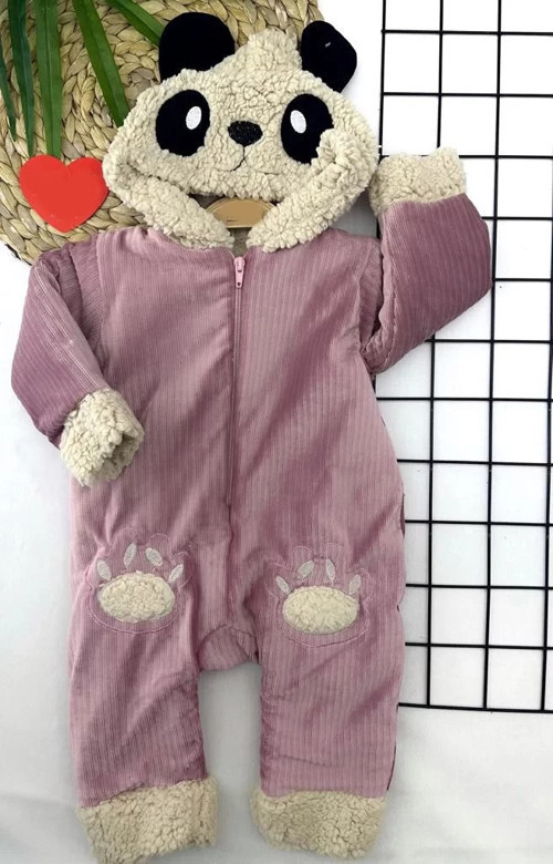 9-12-18-24 Ay Ayıcık Kapşonlu İçi Tüylü Fermuar Kapamalı Kadife Kumaş Kız Erkek Bebek Tulumu Gül Kur
