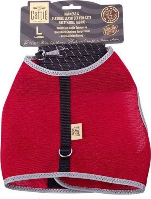 Havalı Dokuma Kedi Göğüs ve Gezdirme Takımı Large Kırmızı 1.5x30-40 Cm