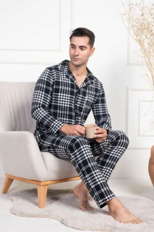 Beyaz Ekoseli %100 Pamuk Büyük Beden (Battal Boy) Kışlık Erkek Pijama Takımı