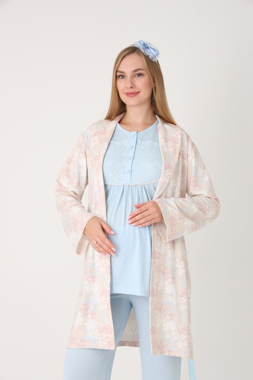Kadın Desenli Şal Yaka Özel Tasarım Kışlık Uzun Kollu3'Lü Lohusa Hamile Sabahlık Pijama Takımı Set