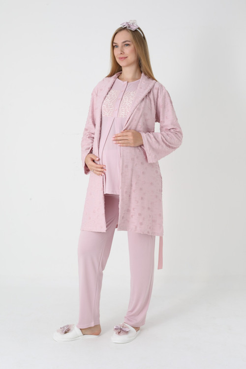 Kadın Jakarlı Şal Yaka Özel Tasarım Kışlık Uzun Kol Pamuk Hamile Sabahlık Pijama Takım 3'Lü Seti