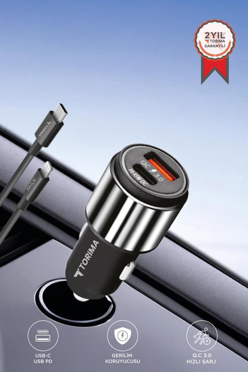 C16 45W Silver Araç Şarj Cihazı Lıghtnıng Kablolu Hızlı Şarj Adaptörü
